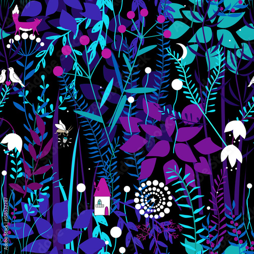 Vector seamless pattern with night forest plants, and fairy house.