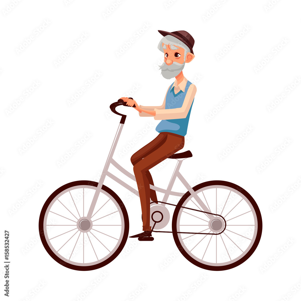 Old, elder bearded man in vest and hat riding a bicycle, cycling, cartoon vector illustration isolated on white background. Full length, side view portrait of retired man riding a bicycle, cycling Old, elder bearded man in vest and hat riding a bicycle, cycling, cartoon vector illustration isolated on white background. Full length, side view portrait of retired man riding a bicycle, cycling