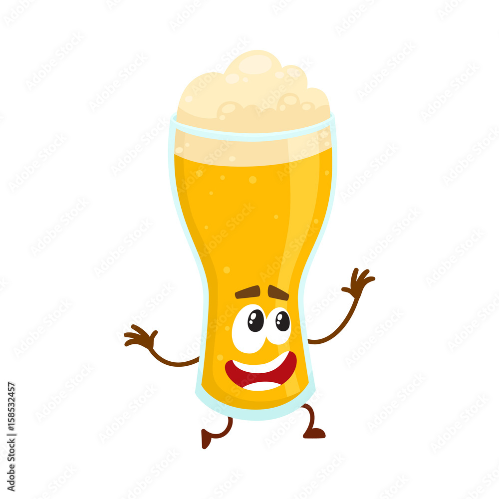 Funny beer glass character with smiling human face and raised hands, cartoon  vector illustration isolated on white background. Cute and funny lager beer  glass character, mascot with croutons Stock Vector | Adobe