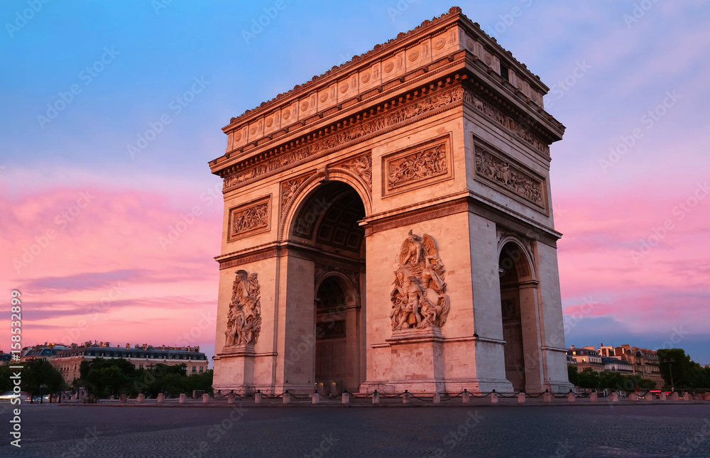 The Triumphal Arch at sunset, Paris, France.