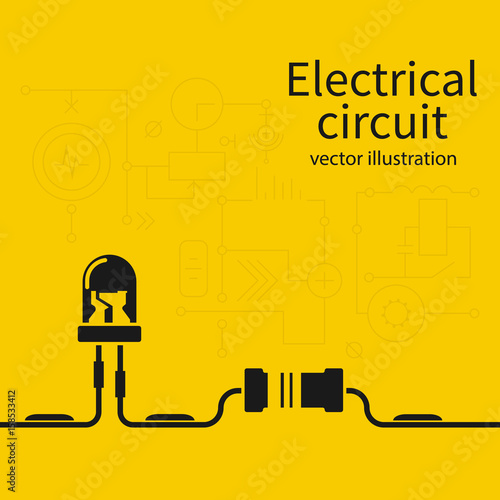 Electrical circuit template. Electronics repair pictogram, service center, workshop banner. LED and resistor silhouette connected to circuit. Vector flat design. Isolated on yellow background.