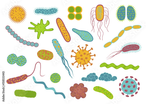 Flat design germs and bacteria icons set  isolated on white background.
