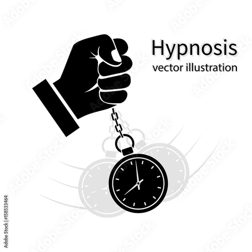 Hypnosis icon black. Man holding a watch on a chain silhouette. Golden pocket watch. Pendulum swinging pictogram. Mind control concept. Vector illustration flat design. Isolated on background.