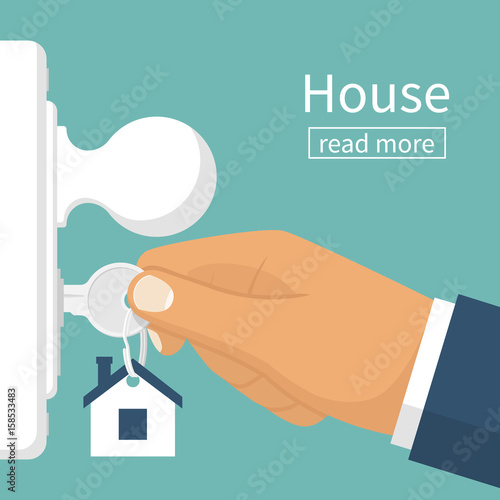 Insert the key into the keyhole. Open the doors. Real Estate concept, template for sales, rental, advertising. Sign on the home. Vector illustration flat design.