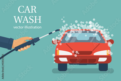 Car wash. Man worker washing car. service. Auto service station. Vector illustration flat design. Isolated on background. Vehicle in foam.