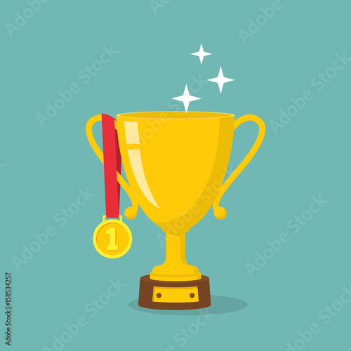Gold cup and medal for the first place. Victory prize golden bowl. Winning and achievement. Trophy and awards isolated on white background. Vector illustration flat design. Medal on red ribbon.