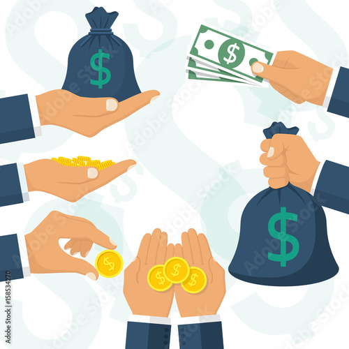 Money in hand set. Bag of cash in businessman. Showing, pay, giving coin and banknote. Bucks hold isolated on white background. Vector illustration flat design. Template for financial projects.