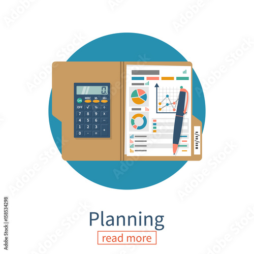 Planning icon. Business management. Data analysis, annual report. Folder with graphs and diagrams, calculator pen. Vector illustration flat design. Isolated on white background.