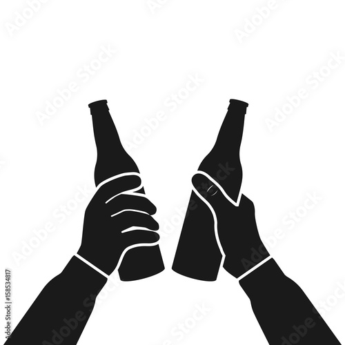 Beer party icon silhouette. Two mans holding in hands beer bottles. Toast. Drinking alcoholic beverages. Friday party. Vector flat design. Isolated on white background. Drinking together pictogram.
