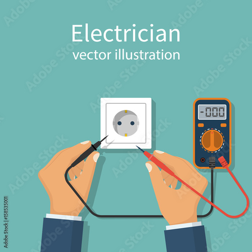 Professional electrician icon. Digital multimeter hold in hand man worker. Measure voltage in power socket. Repair of home electrical wiring. Vector illustration flat design. Isolated on background.