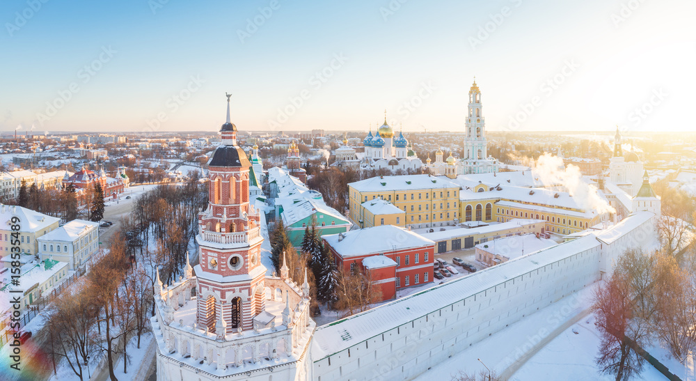 Aerial view on Trinity St. Sergy Monastery at winter sunny day. Sergiev Posad, Russia