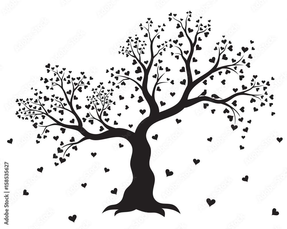 Fototapeta Wektorowa ilustracja dekoracyjny, abstrakcjonistyczny drzewo z sercami i para ptaki w czarnym kolorze na białym tle ,. Naklejka na ścianę.