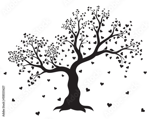 Vector illustration of decorative, abstract tree with hearts and couple of birds in black color on white background. Wall sticker. 