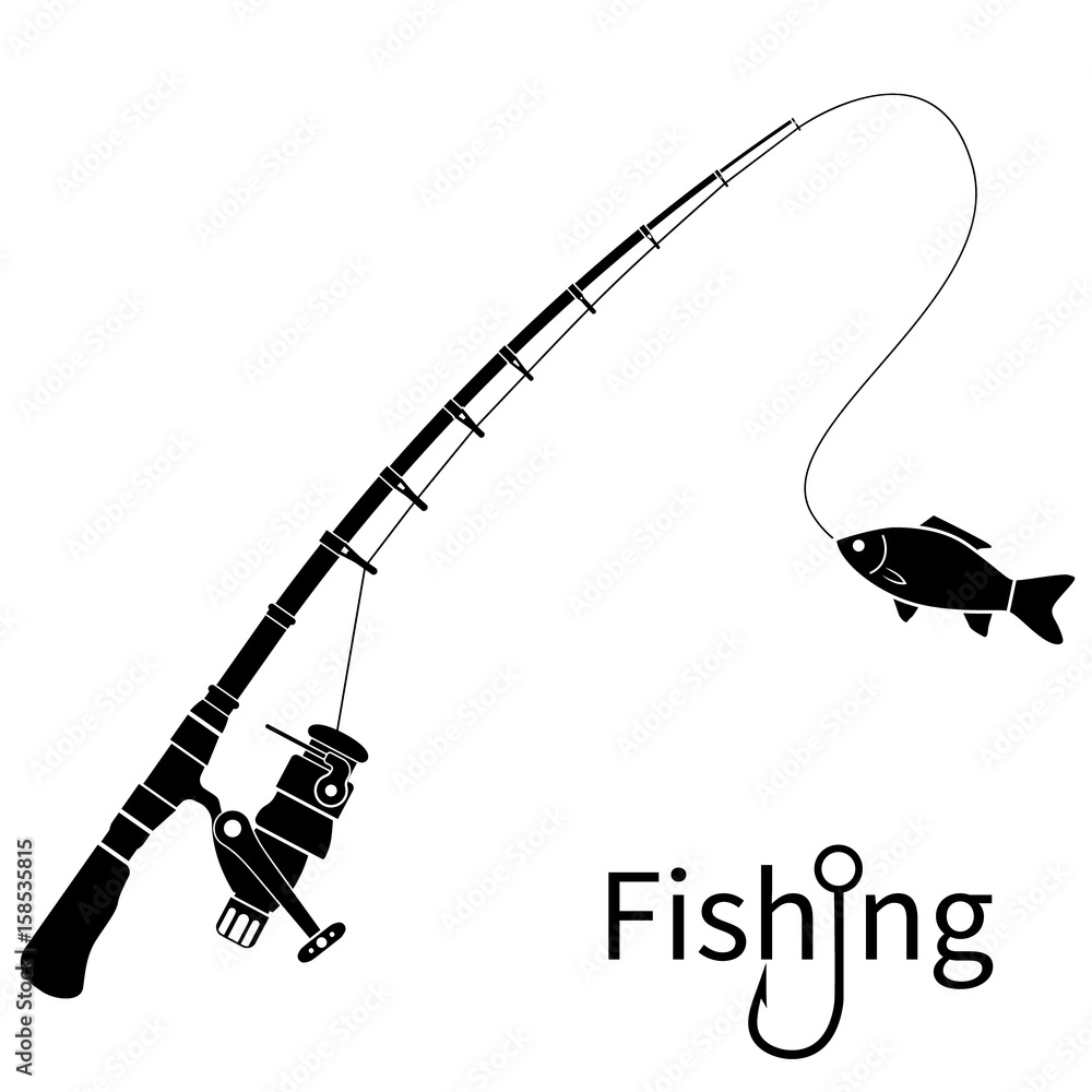 Fishing icon silhouette concept. Rod black pictogram with fish