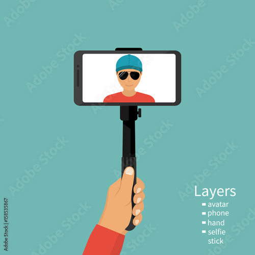 Man holding in hand stick selfie. Selfie monopod, on smartphone. Vector illustration of a flat design. Make a photo. Template for avatar. Modern equipment for the phone. Groups by layers.