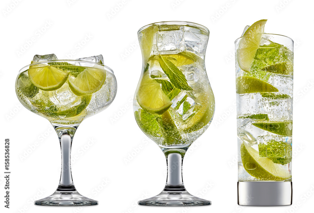 fresh fruit alcohol cocktail or mocktail in classic glass with ice cubes, lime and mint isolated on white background fresh fruit alcohol cocktail or mocktail in classic glass with ice cubes, lime and mint isolated on white background