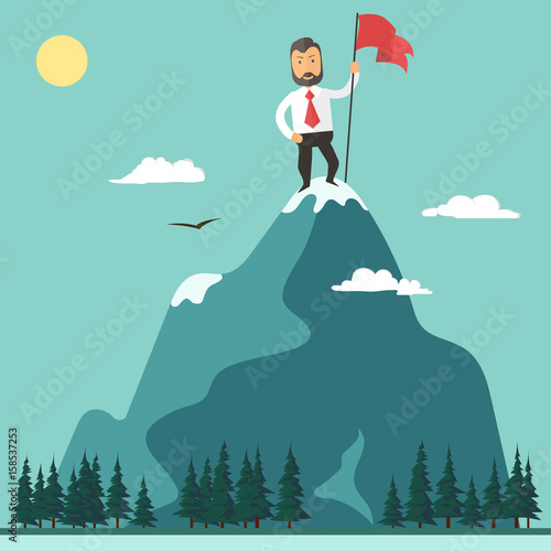 Businessman with flag on a Mountain peak, success