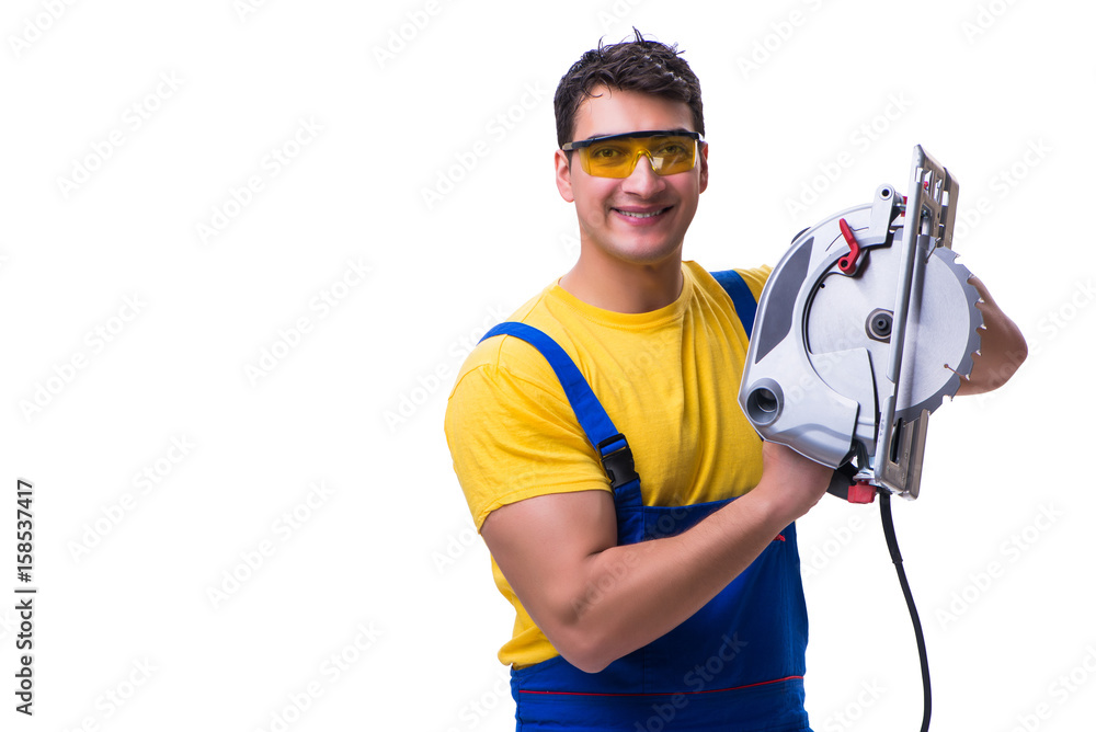Carpenter wearing coveralls with circular saw isolated on white Carpenter wearing coveralls with circular saw isolated on white
