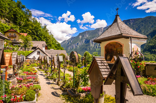 Old cemetery in Hallstatt village and alpine lake, Austrian Alps,  Salzkammergut, Austria, Europe