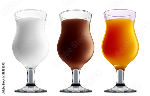 Pina colada, white russian,Irish Cream chocolate Liqueuron, mimosa fresh fruit alcohol cocktail or mocktail in classic glass with blue white and orange beverage isolated on white background