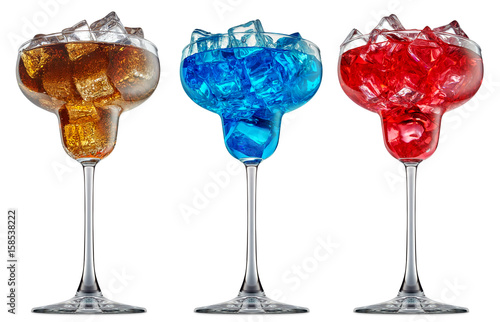 fresh fruit alcohol cocktail or mocktail in margarita glass with blue red and orange beverage isolated on white background photo