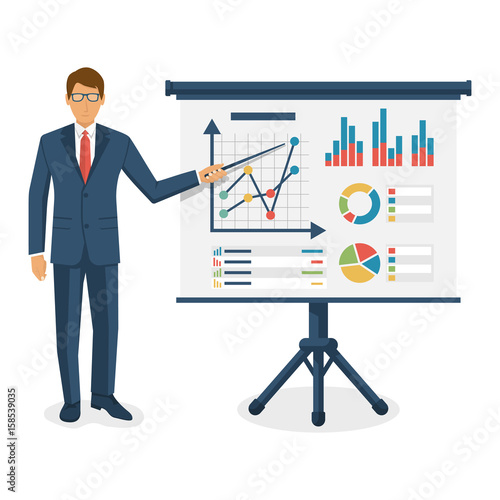 Financial consultant concept. Consultant businessman near blackboard holding a pointer in hand, training. Research graphs market, diagrams, charts financial reports. Accounting organization process.