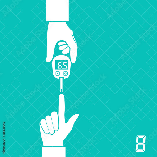 Silhouette glucometer measures blood sugar level hold in hand. Blood drop test strip. Medical diagnostics apparatus home. Vector illustration flat design. Equipment monitoring health. Diabet concept.