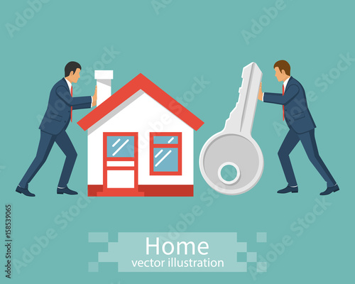 Buying house. People businessman bring house and a key. Vector illustration flat design. Real estate agent handing over home keys. Template for sale, rent home. Isolated on white background.