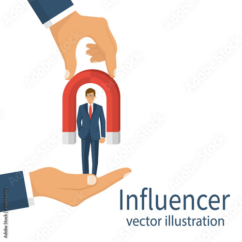 Influencer concept. Detain and influence a person. Businessman in hand holding magnet for attraction. Vector illustration flat design. Isolated on white background.