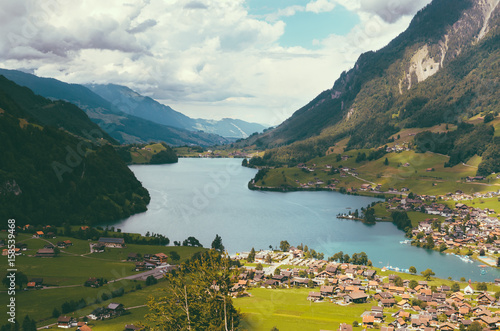 Aerial view on Lungernsee lake near Luzern, Switzerland, Europe