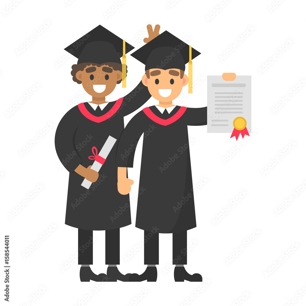Graduate friends in black gown with diploma cartificate ceremony Graduate friends in black gown with diploma cartificate ceremony