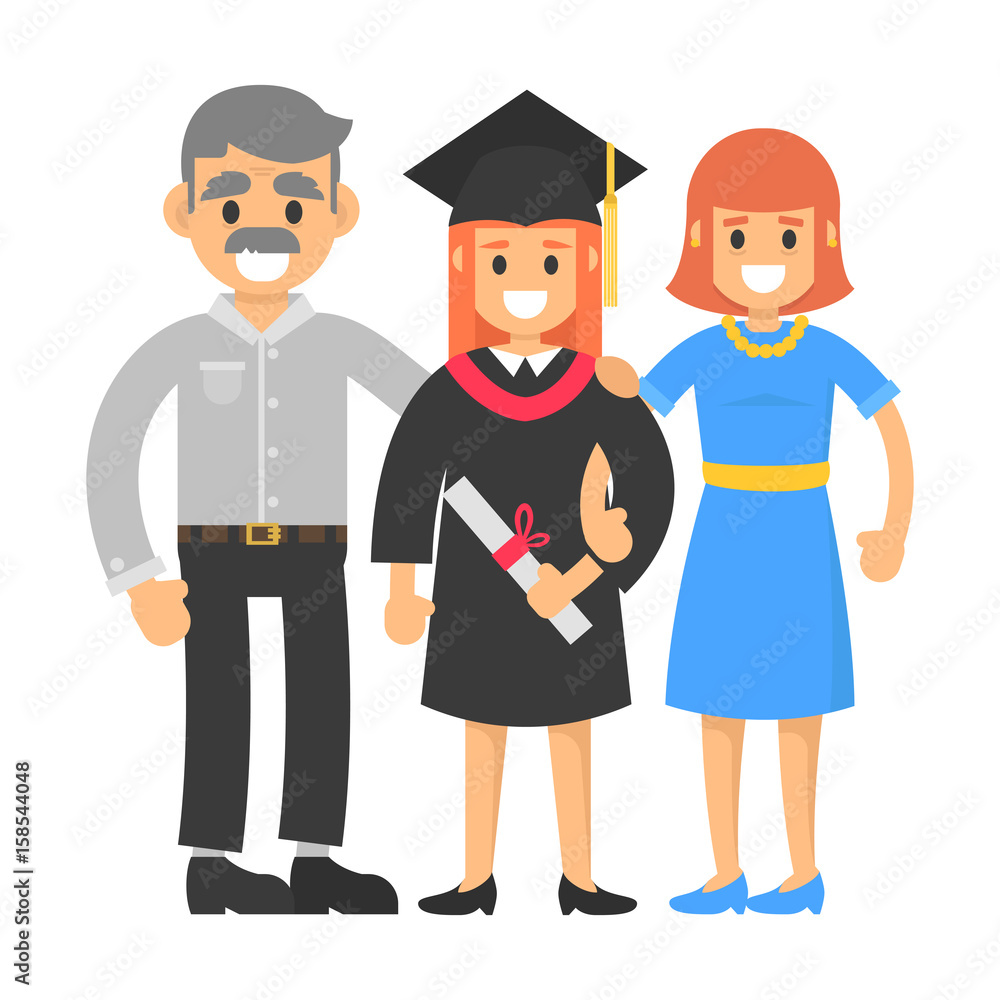 Young girl man in black gown with diploma cartificate ceremony with mom and dad Young girl man in black gown with diploma cartificate ceremony with mom and dad