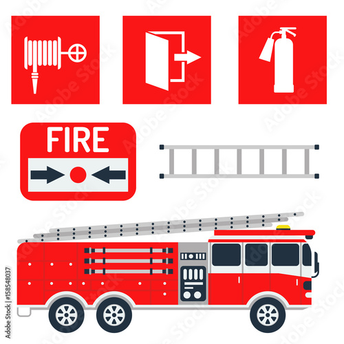 Fire safety equipment emergency tools firefighter safe danger accident protection vector illustration. photo