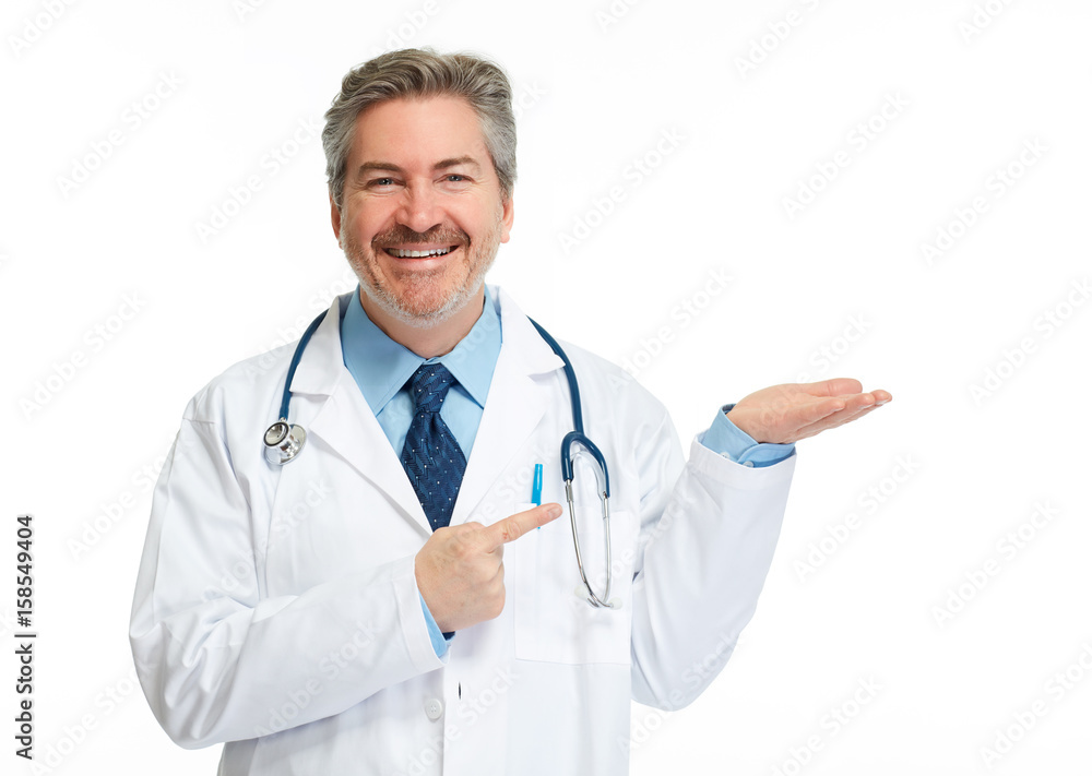 Doctor pharmacist presenting white background Doctor pharmacist presenting white background