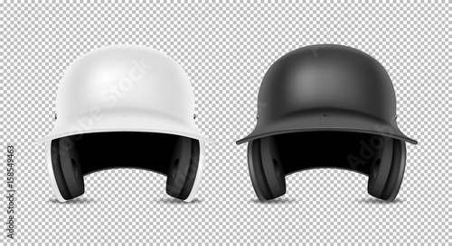 Realistic classic baseball helmet set - black and white color. Isolated on transparent background. Front view. Design template closeup in vector. Mock-up for branding and advertise.