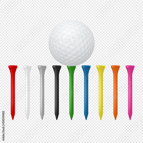 Illustration of sports set - realistic golf ball with tees. Design templates in vector. Closeup isolated on transparent background.