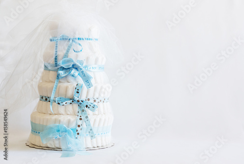 Diaper Cake A multi leveled diaper cake for a baby shower.