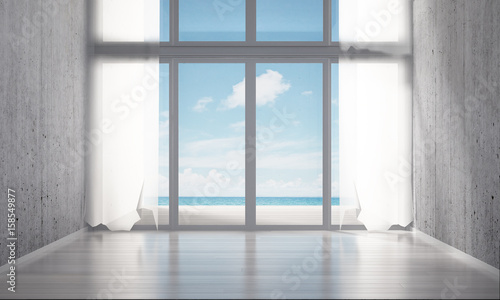 3D rendering interior design of empty white room and concrete wall and sea view