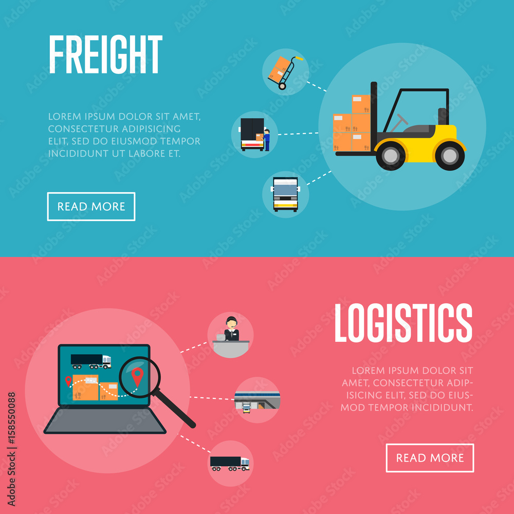 Logistics and freight shipment banners vector illustration. Forklift truck with packing boxes, laptop with delivery map. Warehouse logistics and cargo transportation, postal service and distribution