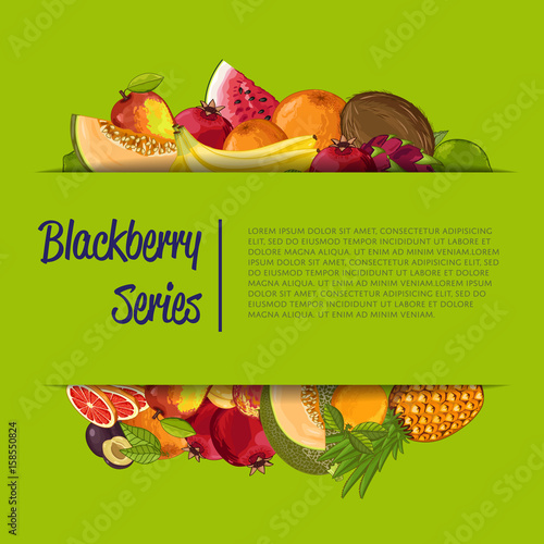 Fresh organic fruit poster vector illustration. Natural product, juicy fruit, healthy nutrition, organic farming, vegan food. Watermelon, plum, banana, pomegranate, coconut, apple, orange, melon