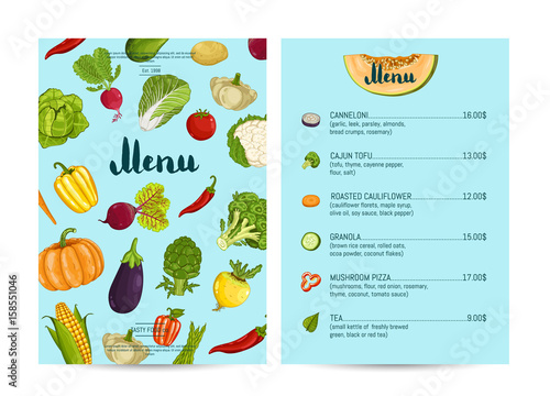 Vegan cafe food menu design vector illustration. Vegetarian restaurant menu, price catalog vegetarian nutrition, organic food shop, healthy diet retail. Menu card template with vegetable elements