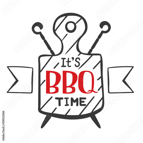 It is bbq time. Hipster logo and emblem of a restaurant barbecue on the background of a cutting board and skewers. Vector templates isolated on white background. Steak house restaurant menu design 
