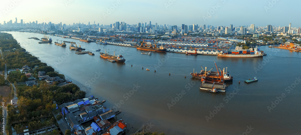aerial view of klong tuey port and container ship floating in chao praya river bangkok thailand