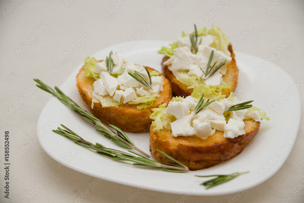 Italian bruschetta with soft cheese, tomatoes, rosemary and fresh salad on the plate. Space for text