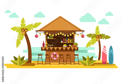Beach bar cocktails in tropical resort for summer holiday vacations vector flat