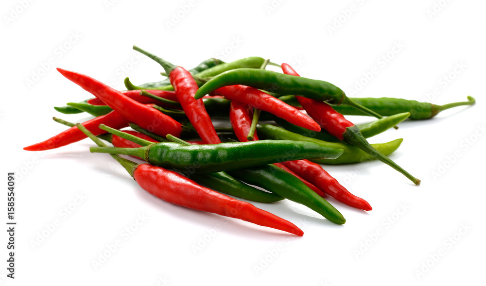 Red and Green Chili peppers on white background Red and Green Chili peppers on white background