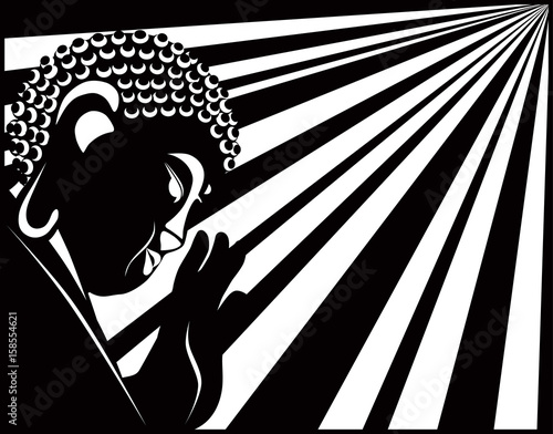 Buddha Raised Hand with Light Rays Black and White vector Illustration