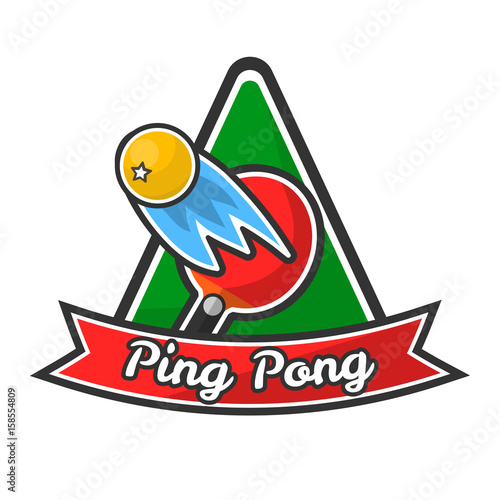 Ping pong logotype with red racket and yellow ball