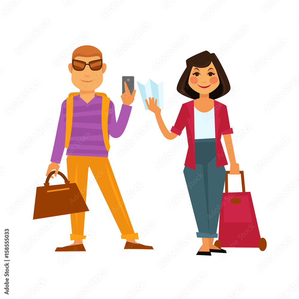 People travel vector flat icons man and woman on holiday vacation trip People travel vector flat icons man and woman on holiday vacation trip