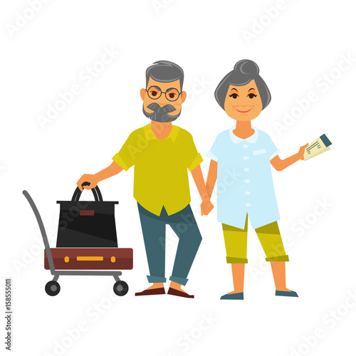Senior couple holding hands stands near bags for travelling